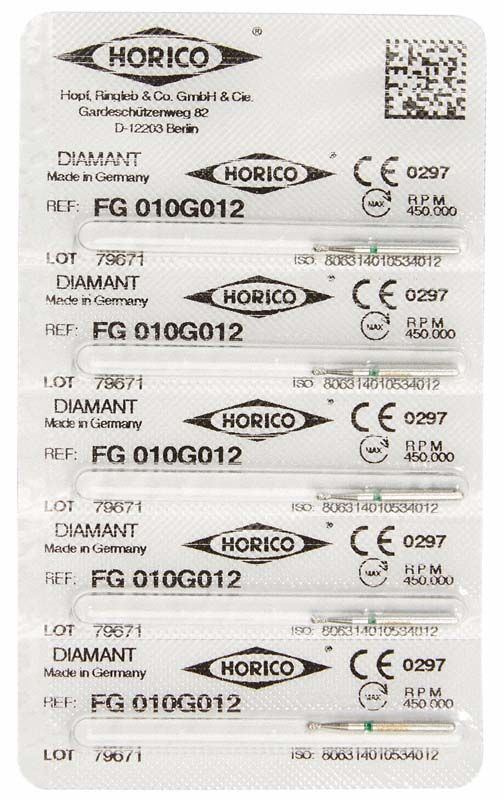 Zahnärztlicher Diamantbohrer FG 010G 012 in Einzelverpackung.