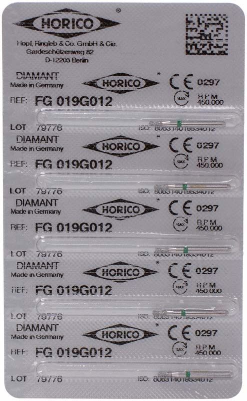 Blisterverpackung mit Diamant-FG 019G 012 Schleifinstrumenten, CE-gekennzeichnet.