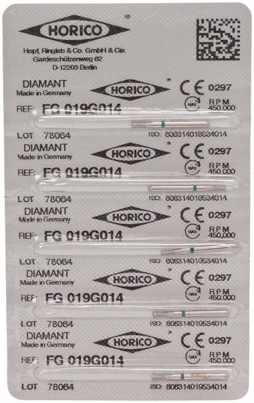 Verpackung mit sechs Diamant FG 019G 014 Dentalbohrern von Horico.