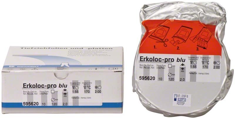 Erkoloc-pro blu 10er Verpackung und Doppelschicht-Folie für dentalen Einsatz.