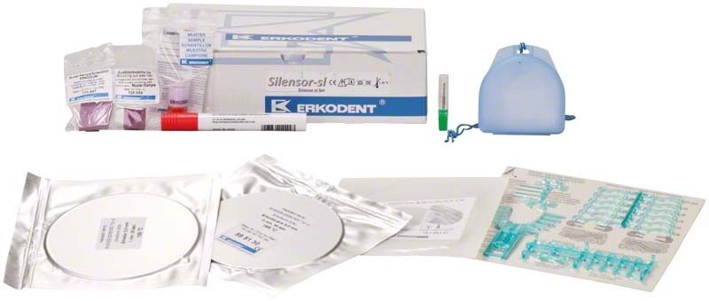 Silensor-sl Set Ø120mm mit Verpackung und Zubehör auf weißem Hintergrund