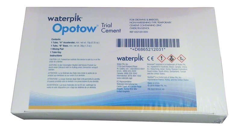 Opotow Trial Cement Verpackung mit Produktinformationen und Warnsymbolen.