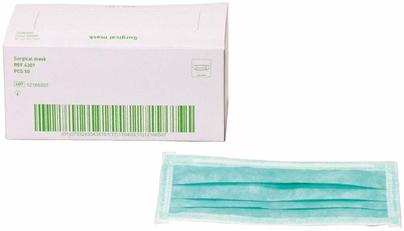 Barrier OP-Maske Basic mit Gummizug vor Verpackung mit Barcode.