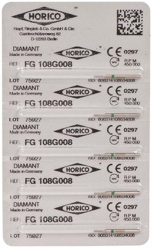 Blisterpackung mit sechs Diamant-FG 108G 008 Zahnarztbohrern.