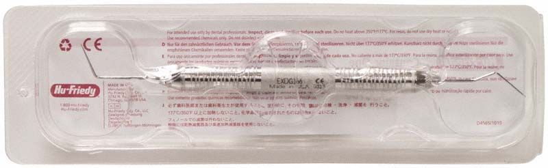 Doppelendige Zahnsonde DG16 aus Satin Steel in Blisterverpackung.