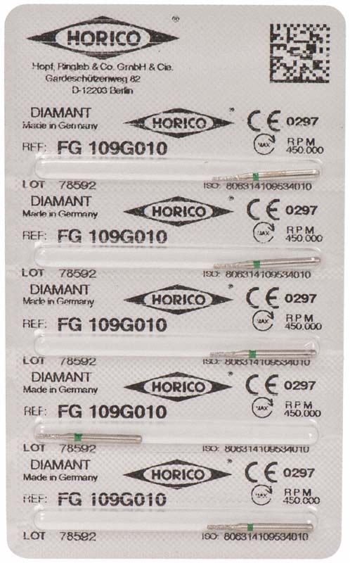 Zahnarzt-Diamantschleifer FG 109G 010 in Blisterverpackung.