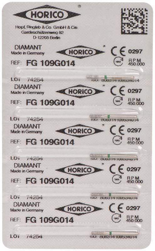 Verpackung von Diamant FG 109G 014 Schleifinstrumenten mit CE-Kennzeichnung.