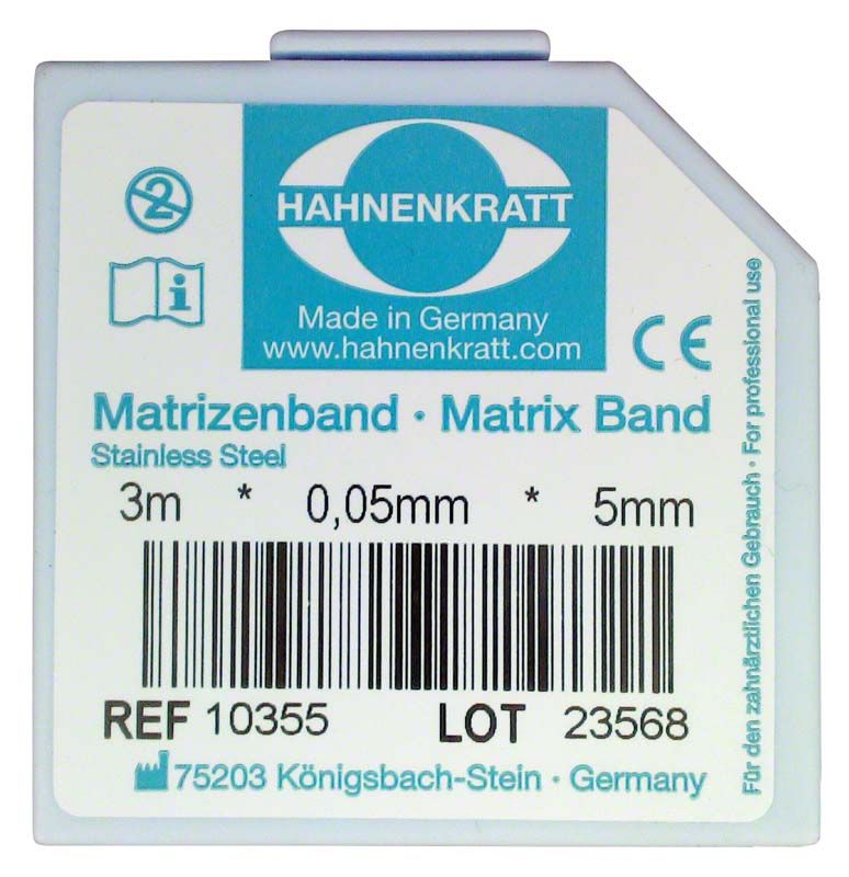Matrizenband-Spender mit Produktinformationen und Hahnenkratt-Logo.