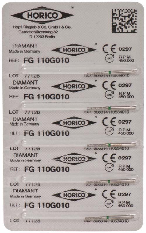 Verpackung von Diamantschleifern FG 110G 010 mit grünem Ring, Horico-Logo.