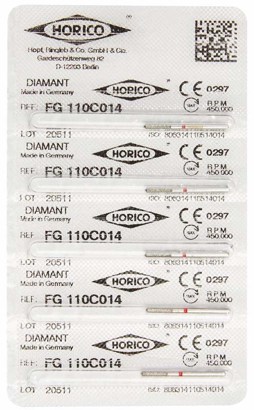 Blisterpackung mit fünf Diamant-Schleifinstrumenten FG 110C 014.