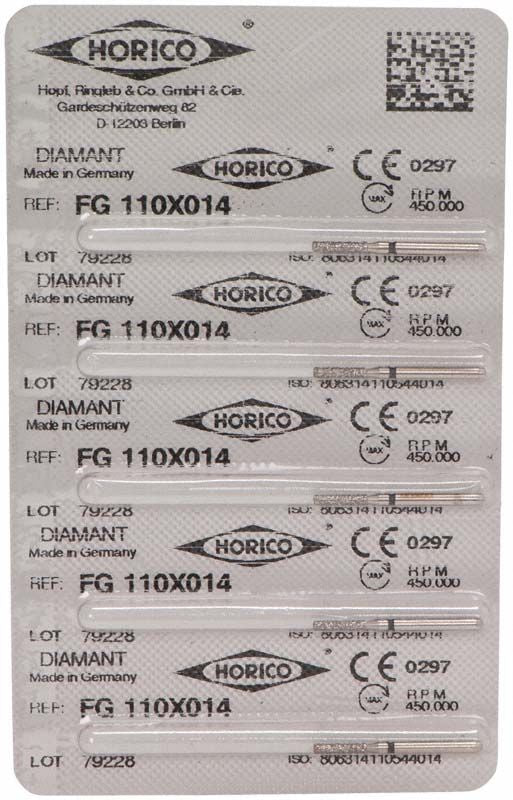 Zahnärztliche Diamantbohrer FG 110X 014 in Blisterverpackung.