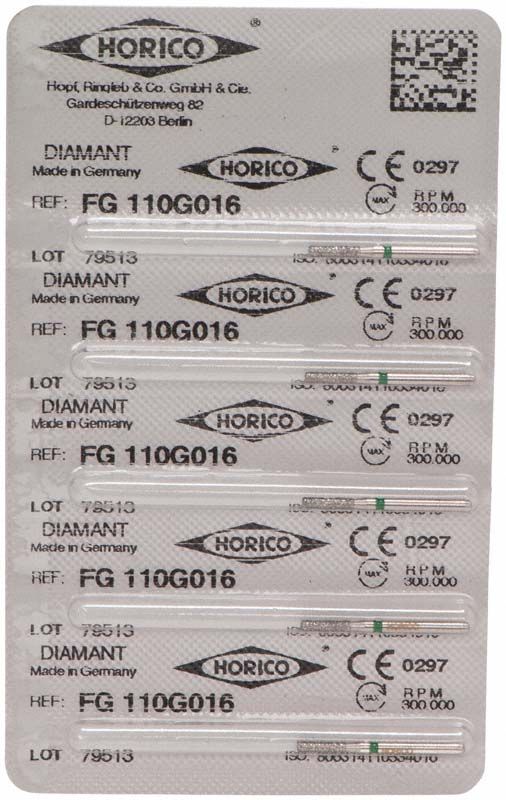 Blisterpackung mit Diamant FG 110G 016 Bohrern von Horico.