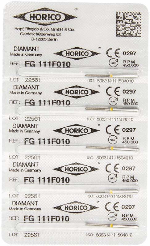 Blisterpackung mit fünf Diamant-Schleifinstrumenten FG 111F 010 von Horico.