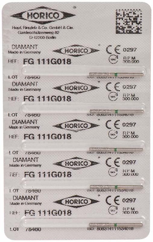 Blisterpackung mit sechs Diamantschleifern FG 111G 018 für Dentalmedizin.