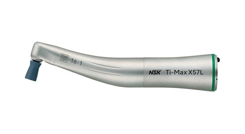 Ti-Max X Winkelstück Typ X57L in silber mit grünem Licht, seitliche Ansicht.