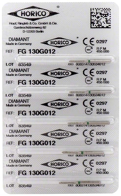 Blisterpackung mit Diamantschleifer FG 130G 012 für Zahnkronenpräparationen.