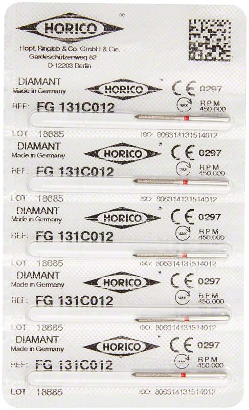 Blisterverpackung mit Diamant-FG-Bohrern, Modell FG 131C 012, von Horico.