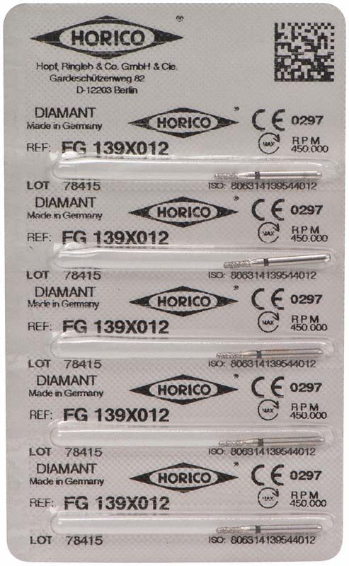 Verpackung des Diamantschleifers FG 139X 012 mit CE-Kennzeichnung.