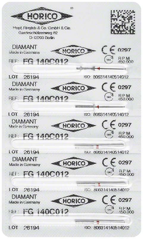 Verpackung von Diamantschleifer FG 140C 012 mit CE-Kennzeichnung.