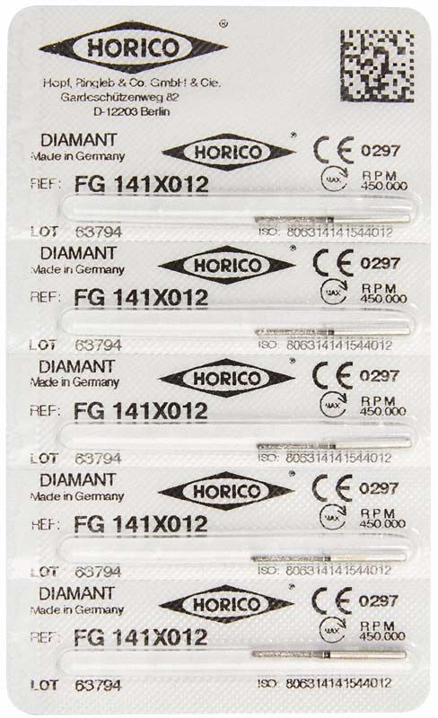 Blisterpackung mit fünf Diamantbohrern FG 141X 012 von Horico.