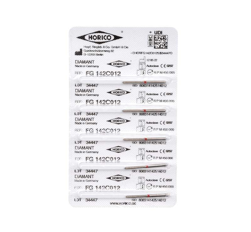 Verpackung mit Diamant-FG-Bohrern FG 142C 012, sechs Stück.