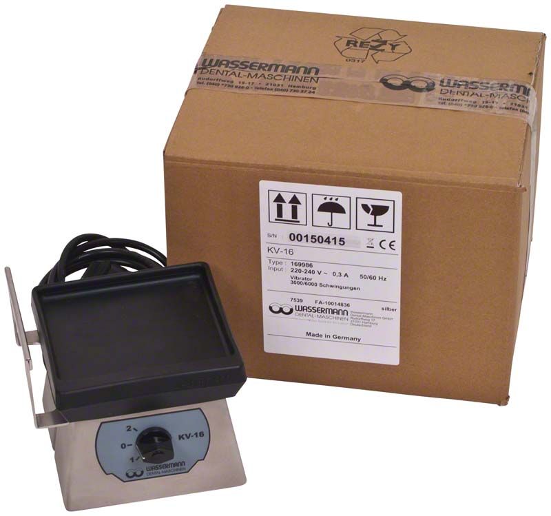 Vibrator KV-16 Edelstahl mit Steuergerät und Verpackung.