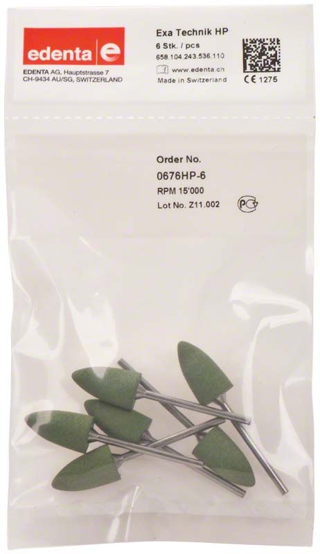 Verpackung von Exa Technique grün 6er Flamme Polierern für Dentalanwendungen.