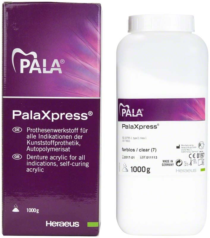 PalaXpress® Pulver 1000g Flasche neben lila Verpackung mit Produktinformationen.