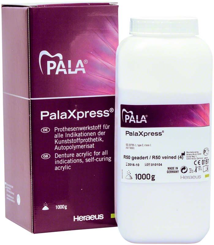 PalaXpress® Pulver 1000g Verpackung und Flasche für Prothesenkunststoff.