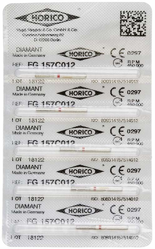 Blisterverpackung mit Diamant FG 157C 012 dentalen Schleifinstrumenten.