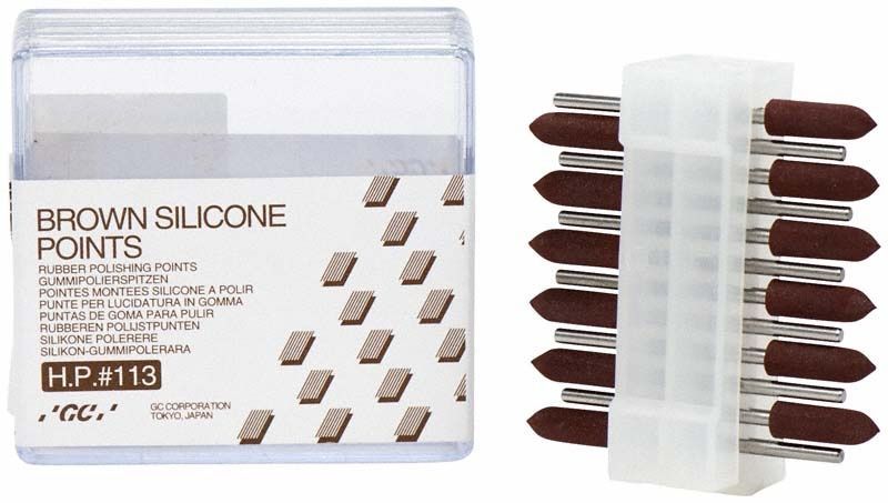Braune Silikonpolierer HP 113 für dentale Legierungen, Verpackung und Polierer.
