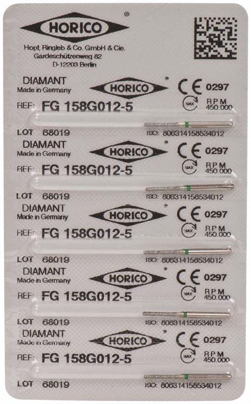 Verpackung der Diamant FG 158G 012 Zahnarztbohrer von Horico.