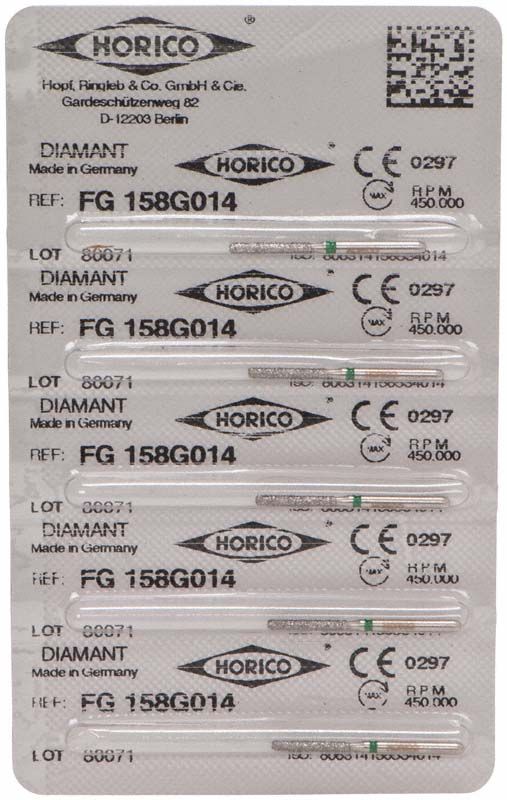 Verpackung der Diamantschleifer Horico FG 158G 014 mit grünem Ring.