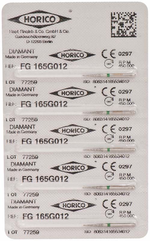 Blisterverpackung mit sechs Diamant-Schleifinstrumenten FG 165G 012.