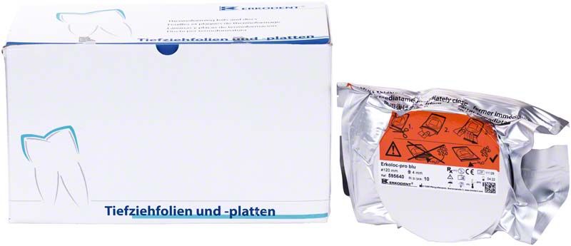 Erkoloc-pro blu 10er Folienverpackung mit dentalem Anwendungshinweis.