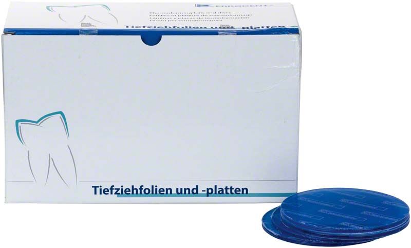 Erkoloc-pro blu Tiefziehfolien in blauer Farbe neben der Verpackung.
