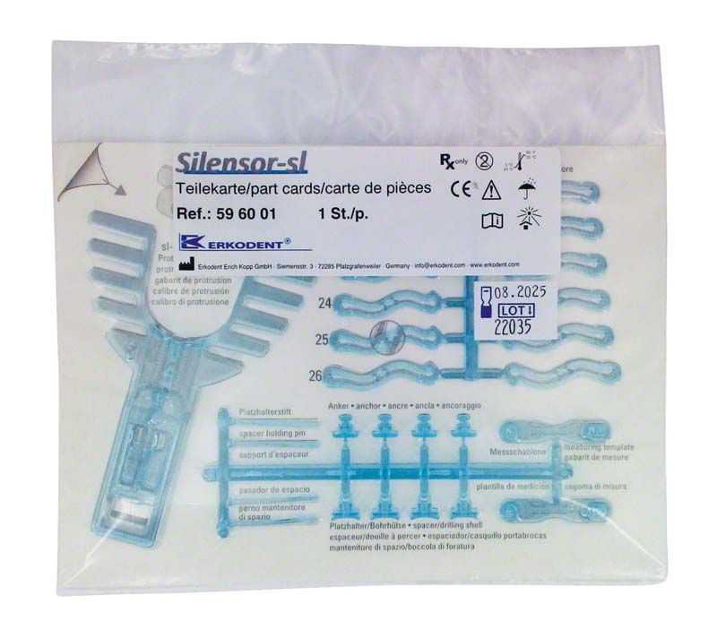 Teilekarte des Silensor-sl Schnarch-Schutzes mit blauen Schienenkomponenten.