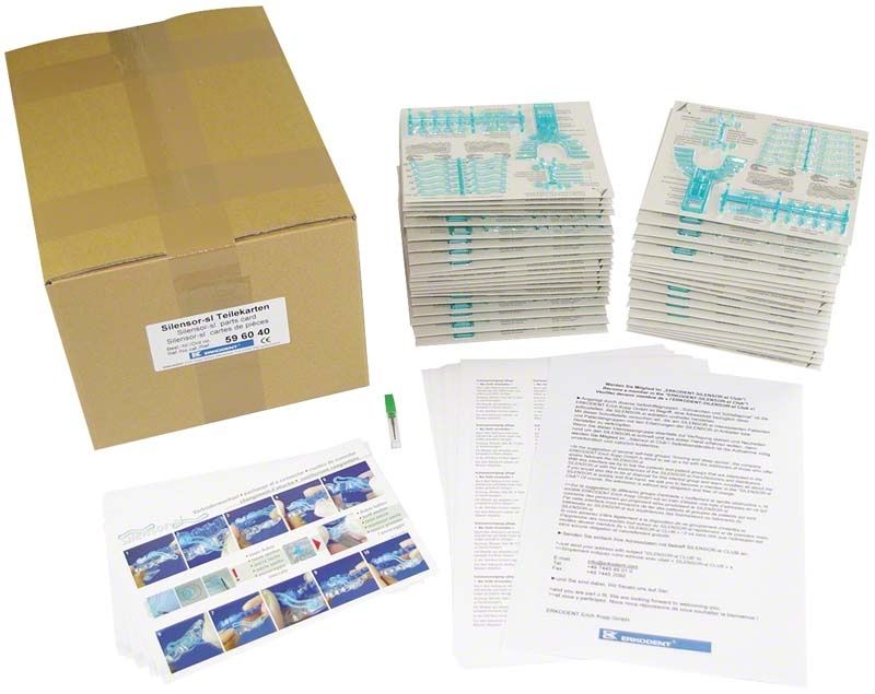 Silensor-sl Teilekarten und Dokumente neben einem Karton.