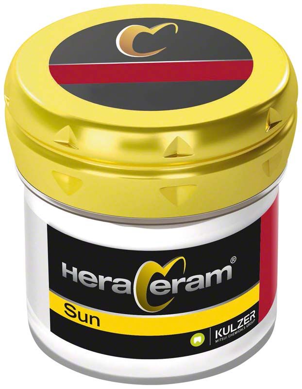 HeraCeram®Sun Increaser IN T Taiga im gelben Kunststoffbehälter mit Markenlogo.