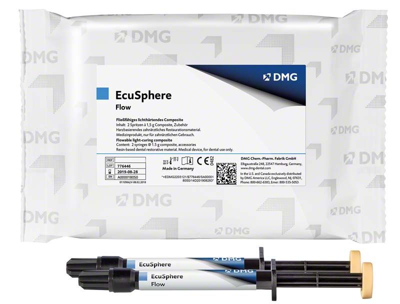 EcuSphere Flow Dental-Composite-Spritze mit Verpackung und DMG-Logo.