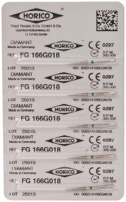 Verpackung der Diamant FG 166G 018 Schleifinstrumente mit Herstellungsinformationen.