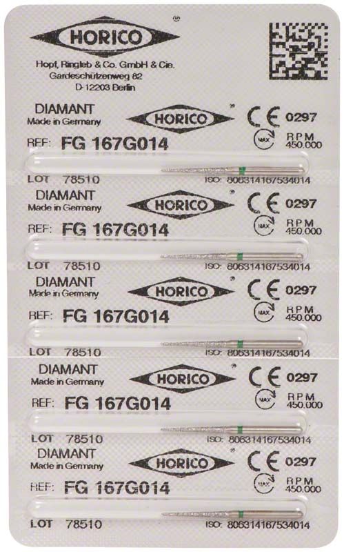 Verpackung mit Diamant FG 167G 014 Schleifinstrumenten, Hersteller Horico.
