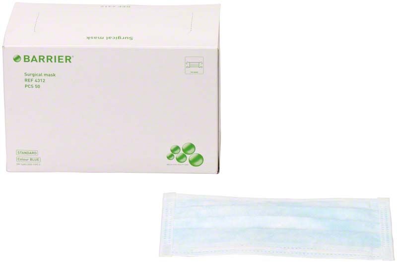 Medizinische OP-Maske mit Bindebändern neben Verpackung.