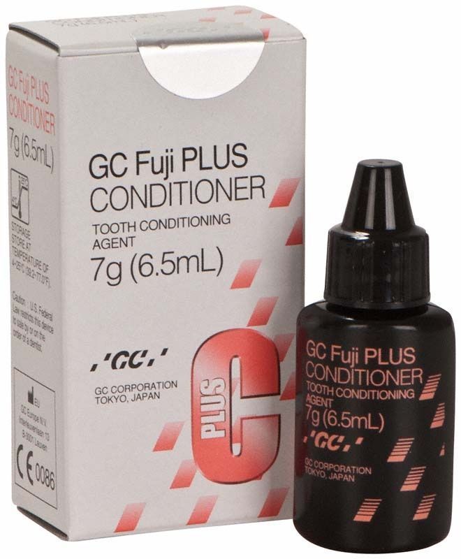 GC Fuji PLUS Conditioner Flasche neben Verpackung mit rotem Logo.