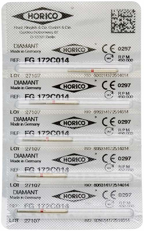Verpackung mit Diamant-FG-Bohrer FG 172C 014, sterilisiert und CE-zertifiziert.