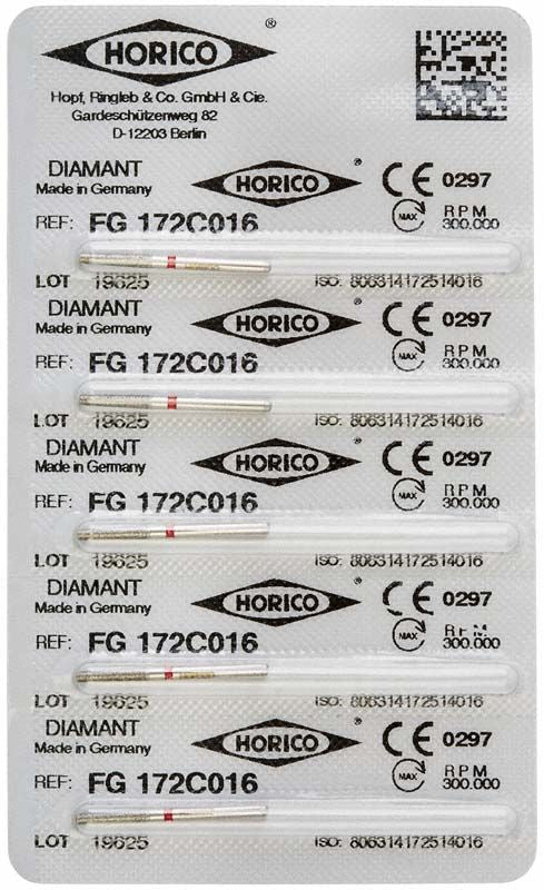 Blisterpackung mit sechs Diamant FG 172C 016 Dentalbohrern.