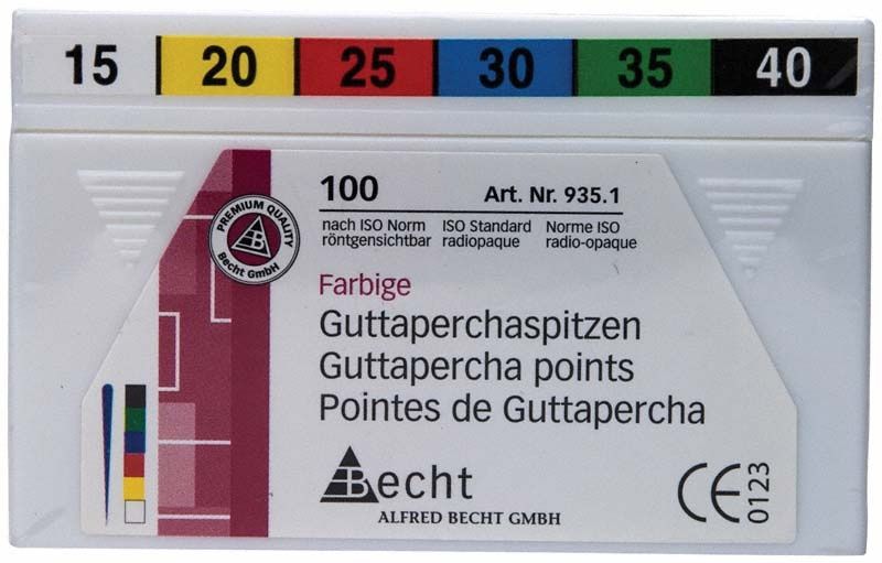 Farbige Guttaperchaspitzen Gr. 15-40 in Verpackung für Wurzelfüllung.