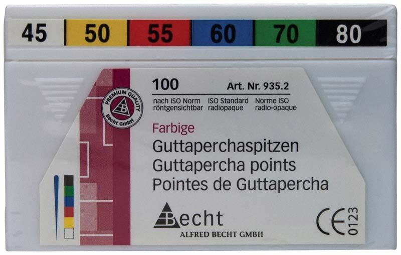 Farbige Guttaperchaspitzen Verpackung Gr. 45-80 mit ISO-Farbcodierung.