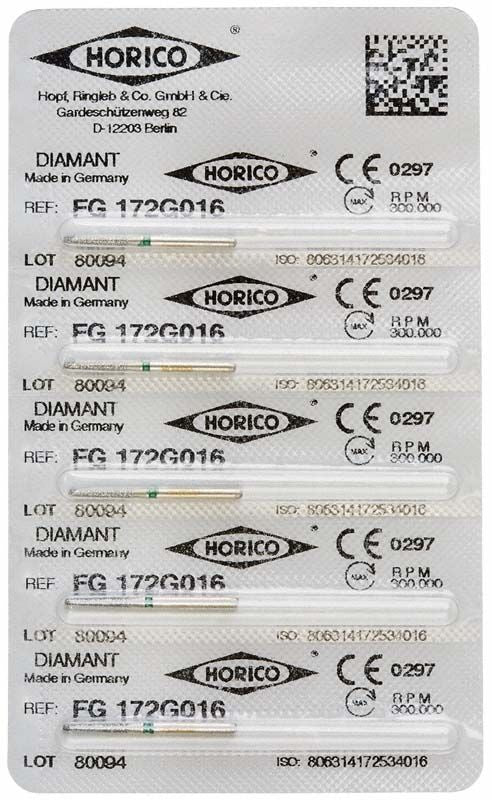 Blisterpackung mit fünf Diamantbohrern FG 172G 016 von Horico.