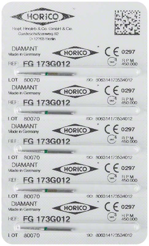 Blisterverpackung mit Diamantinstrumenten Diamant FG 173G 012 von Horico.